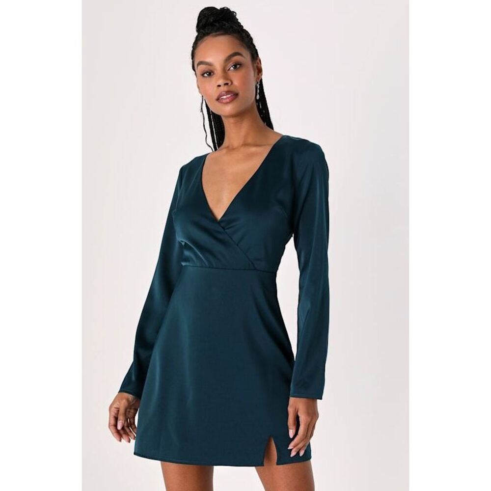Lulus Inspired Confidence Dark Teal Satin Long Sleeve Mini Dress Blue - Size L